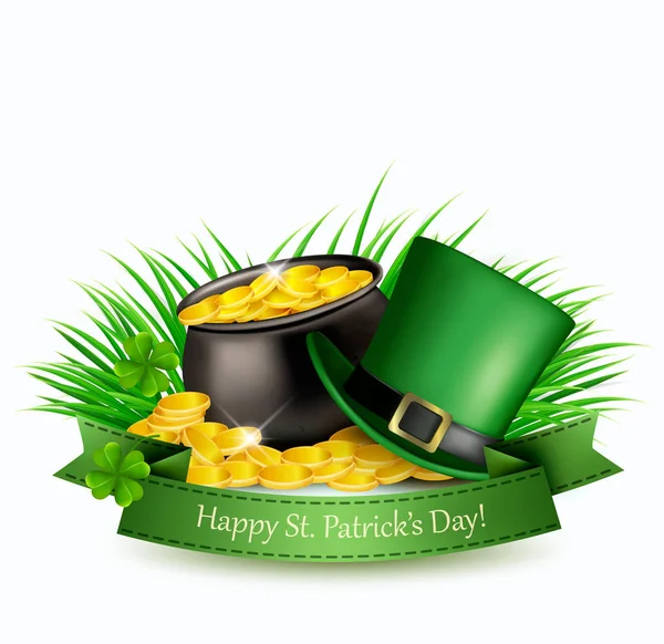 Fondo del día de San Patricio con un sombrero verde y monedas de oro i — Vector de stock