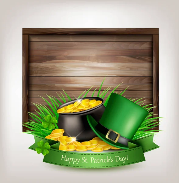 Fondo del día de San Patricio con un sombrero verde y monedas de oro a — Vector de stock