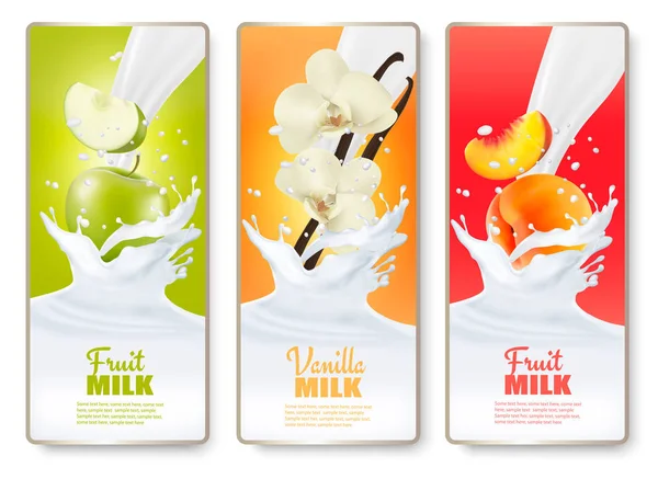 Set of three labels of of fruit in milk splashes. Apple, vanilla — Stock Vector