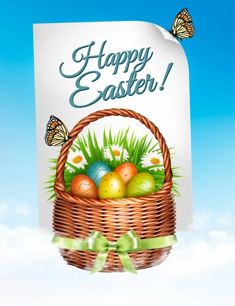 Fondo de Pascua de primavera. Huevos de Pascua en cesta con flores. Ve. — Vector de stock