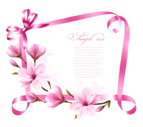 Fond naturel avec branche de fleur de magnolia et ribbo rose — Image vectorielle