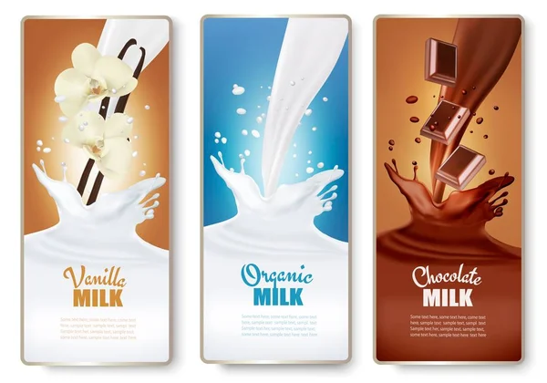 Set van banners met chocolade en melk spatten. vector. — Stockvector