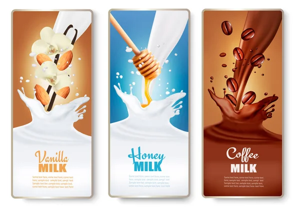 Sada bannerů s čokoládou a mléko stříkající vodou. vektor. — Stockový vektor