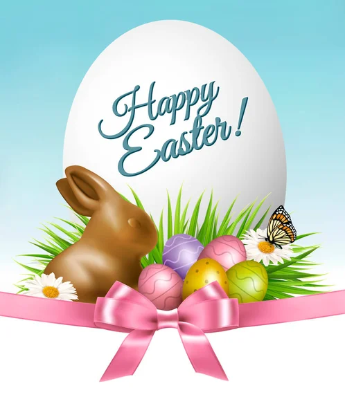 Frohe Ostern Hintergrund. bunte Eier und Schokoladenhasen auf gr — Stockvektor