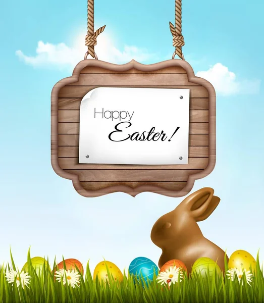 Happy Easter background with chocolate rabbit and wooden sign. V — Stock Vector