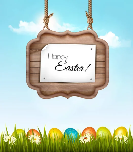 Happy Easter background with colorful eggs and wooden sign. Vect — Stock Vector