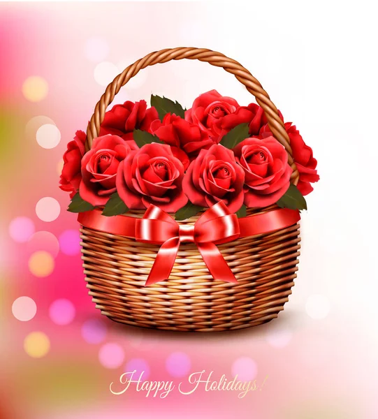 Holiday background with red flowers and basket and red ribbon. V — Stock Vector