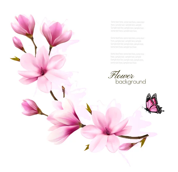 Nature background with blossom branch of pink magnolia and butte — Stock Vector