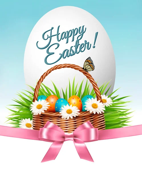 Happy Easter background. Colorful eggs and basket on green grass — Stock Vector
