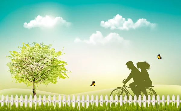 Primavera natureza paisagem prado com uma bicicleta e silhueta. Ve —  Vetores de Stock