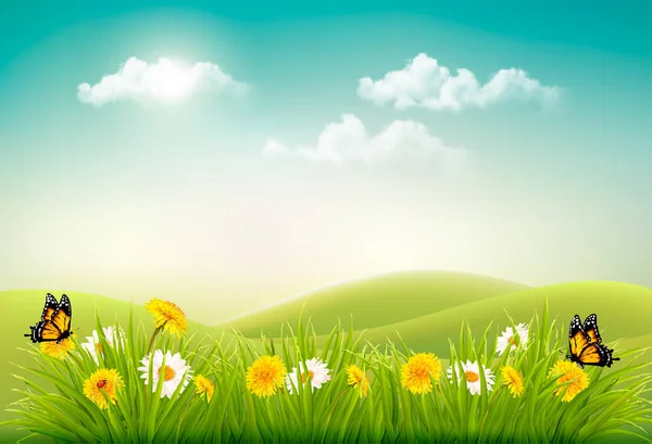 Spring nature landscape background with flowers and butterflies.