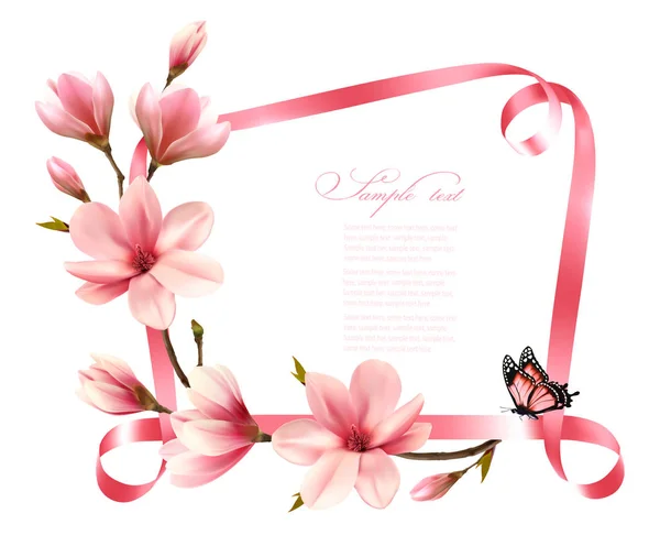 Fond naturel avec branche de fleur de magnolia rose et ribbo — Image vectorielle