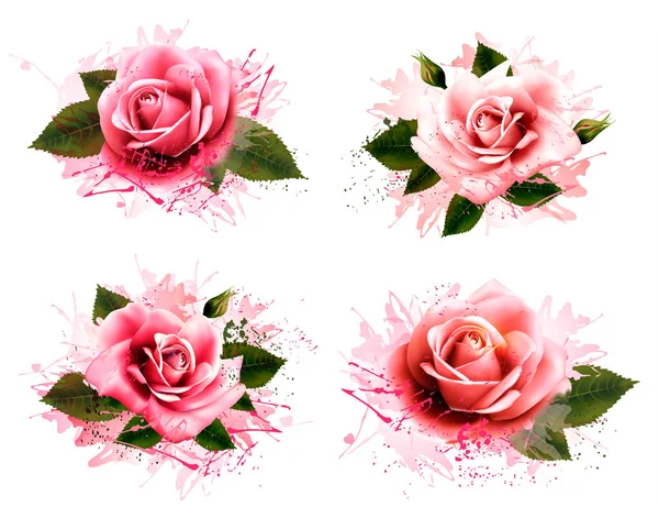 Conjunto de tarjetas de felicitación con rosas rosadas. Vector — Vector de stock