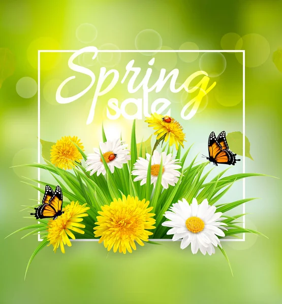 Fondo de venta de primavera con flores y mariposa. Vector — Vector de stock