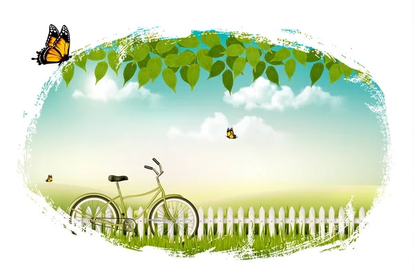 春の自転車と自然草原風景。ベクトル. — ストックベクタ