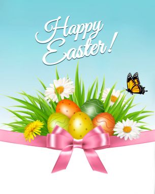 Mutlu Paskalya arka plan. Renkli yumurta ve daisy yeşil çimenlerin üzerinde.