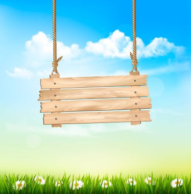 Bahar doğa arka plan yeşil çim ve ahşap işareti. VEC