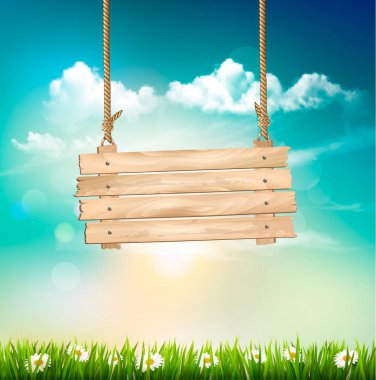 Bahar doğa ve arka plan yeşil çim ahşap işareti. Vecto