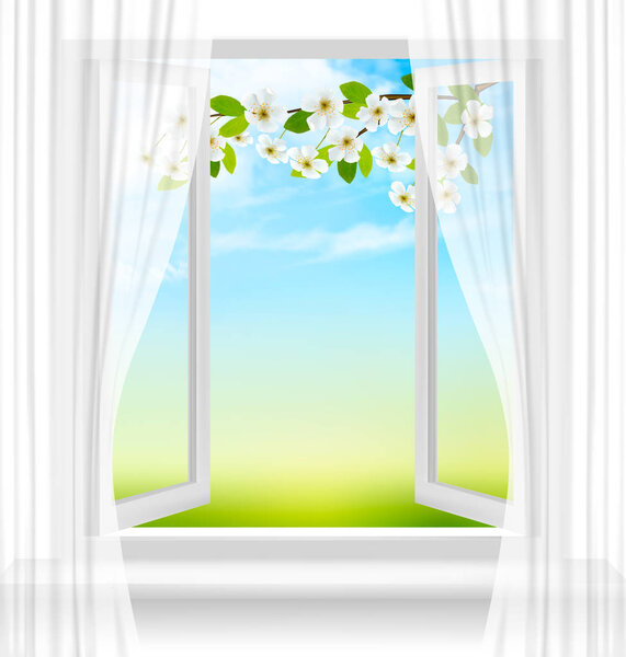 Nature background with open window and spring blossom of cherry.