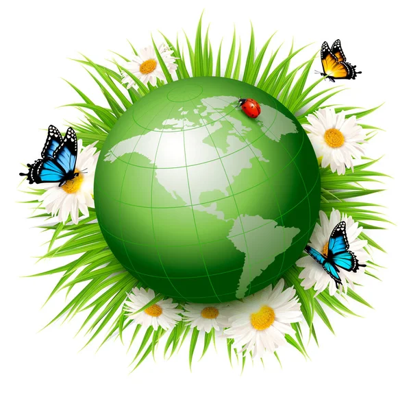Ecology concept.Green Globe and Grass with Flowers. Vector illu — Stock Vector