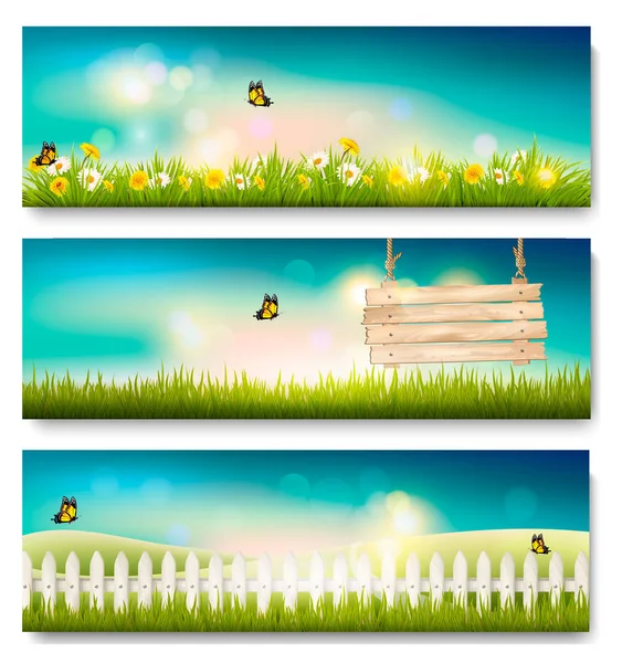 Set of spring nature landscape banners with grass and wooden sig — Stock Vector