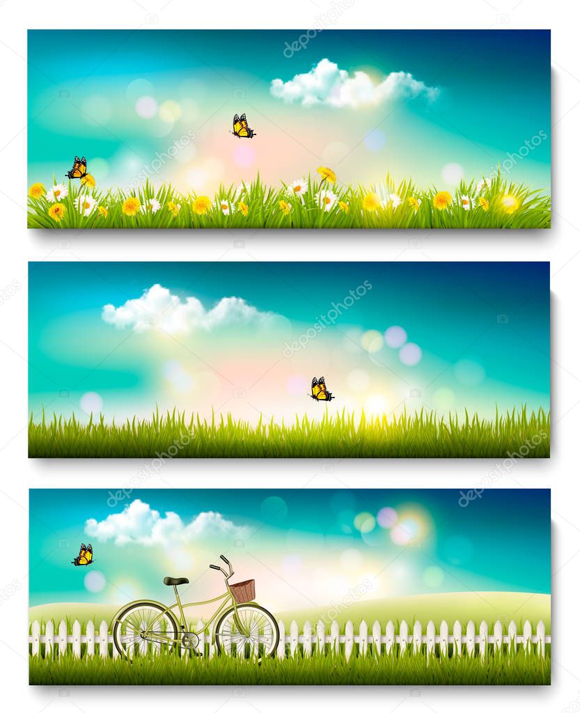 Set of spring nature landscape banners with flowers and butterfl