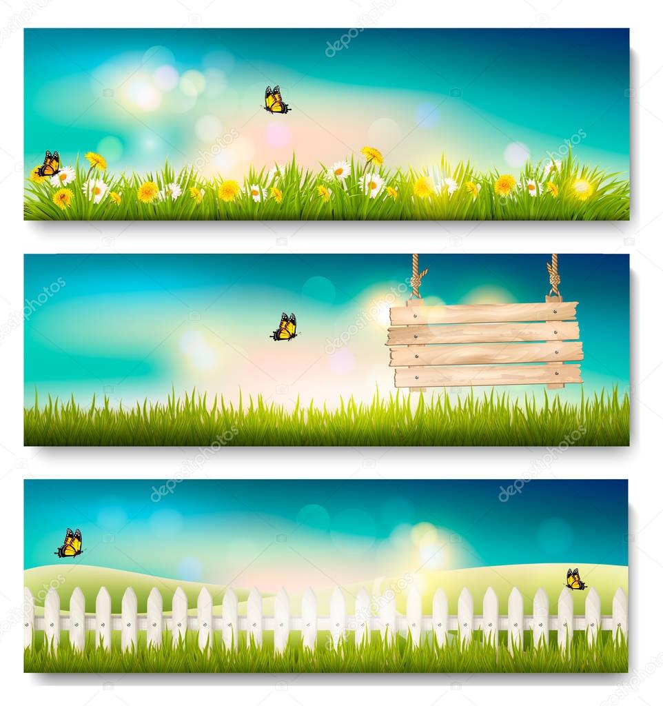 Set of spring nature landscape banners with grass and wooden sig