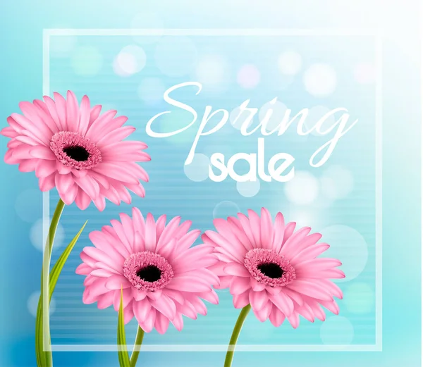 Pink gerbera daisies on a blue bokeh background. Spring sale vec — Stock Vector