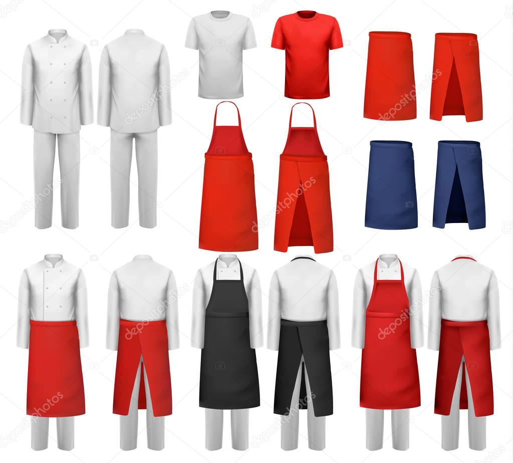 Big set of culinary clothing, white and red suits and aprons. Ve