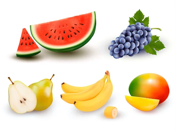Collecte de fruits et de baies. Pastèque, raisin, poire, banane — Image vectorielle