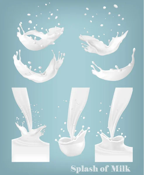 Splash de leite em fundo transparente. Conjunto de vetores — Vetor de Stock