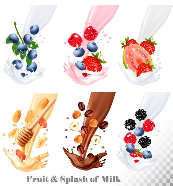 Uppsättning av olika mjölk stänk med frukt, bär och nötter. VEC — Stock vektor