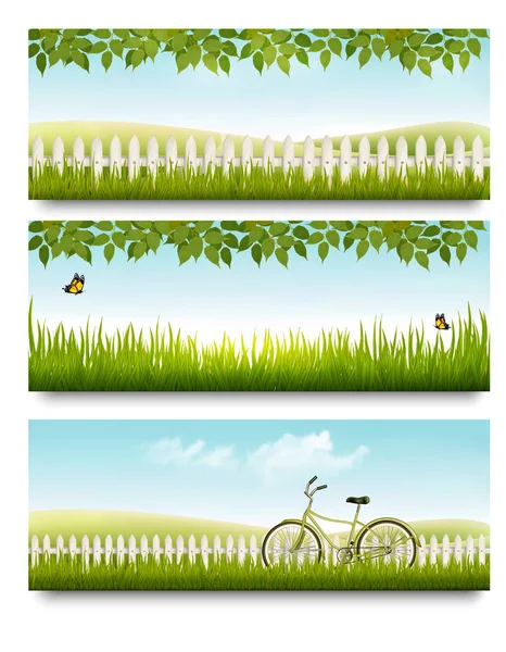 Countryside banners with grass, white fence and leaves. Vector. — Stock Vector