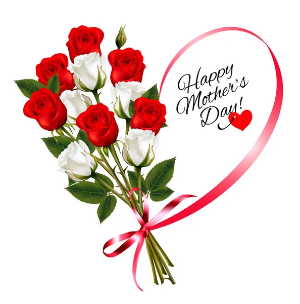 Rosas rojas con una nota del Día de la Madre feliz en forma de corazón y ri rojo — Vector de stock