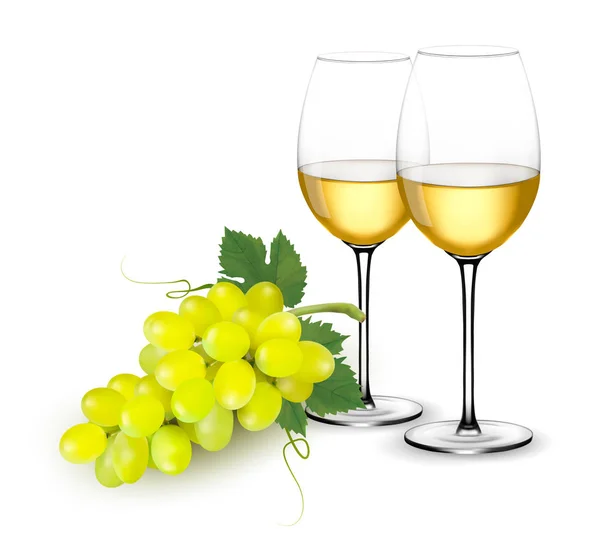 Copos de vinho branco e uvas. Vetor — Vetor de Stock