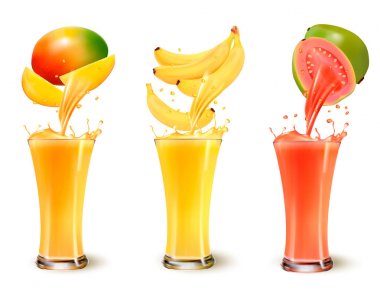 Bir bardak meyve suyu giriş kümesi. Mango, muz ve guava. V