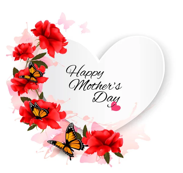 Glad mors dag Observera med färgglada blommor och fjäril. VEC — Stock vektor