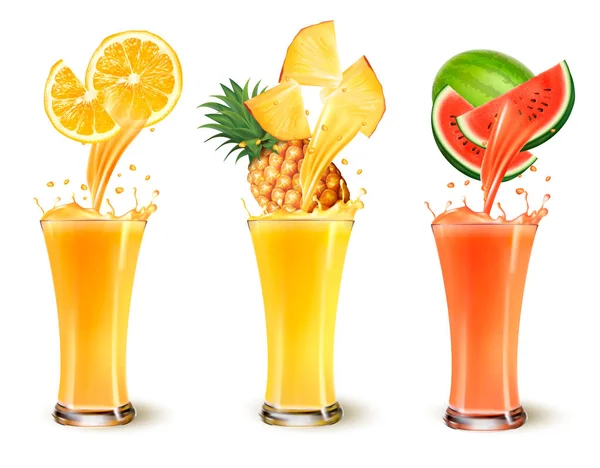 Zbiór owoców sok splash w szklance. Pomarańcza, ananas i wate — Wektor stockowy