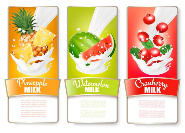 Conjunto de tres etiquetas de fruta en salpicaduras de leche. Piña, wat — Archivo Imágenes Vectoriales