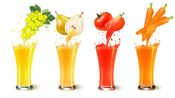 Set of fruit juice splash in a glass. Grapes, pear, tomato and c