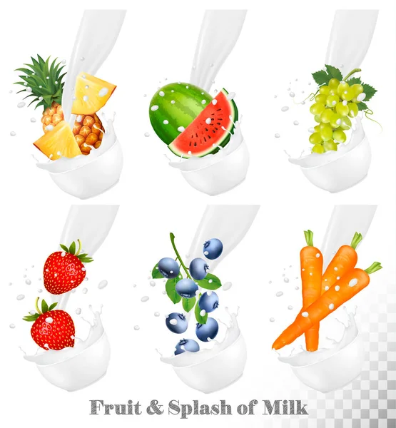 Conjunto de diferentes salpicos de leite com frutas, nozes e bagas. Wat... — Vetor de Stock