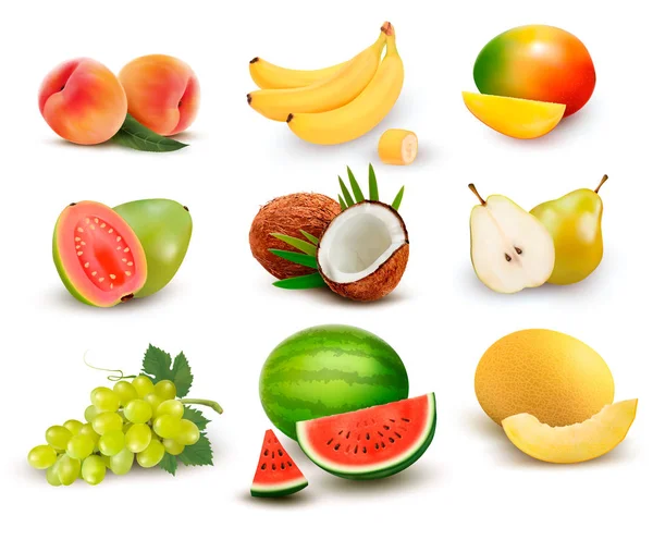 Recogida de frutas y bayas. Sandía, uva, pera, plátano — Vector de stock