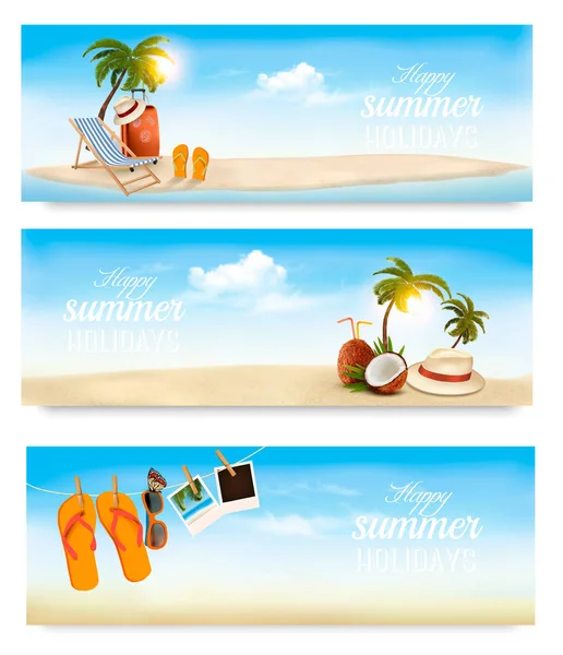 Тропический остров с пальмами, пляжным креслом и чемоданом. Вакати — стоковый вектор