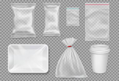 Big set of plastic packaging - sacks, tray, cup. Vector. clipart