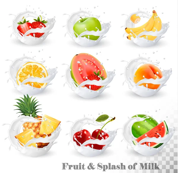 Big collection of fruit in a milk splash. Pineapple, cherry, ban — Stock Vector