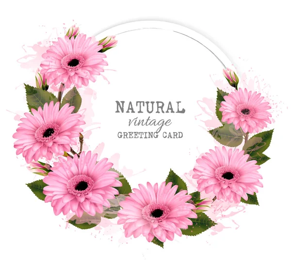 Natural vintage greeting card with pink flowers. Vector. — Stock Vector