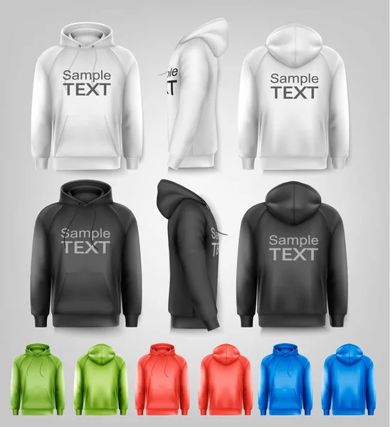 Set of black and white and colorful male hoodies with sample tex — Stock Vector