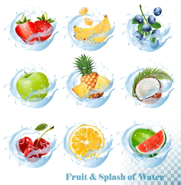 Gran colección de frutas en iconos de salpicaduras de agua. Piña, appl — Vector de stock