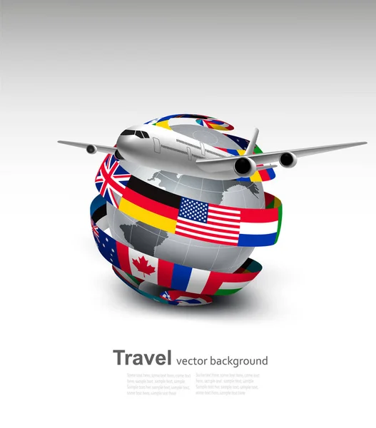 Travel background. Globe with a plane and a circle of flags. Vec — Stock Vector