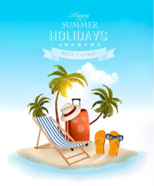 Playa con palmeras y silla de playa. Concepto vacaciones de verano b — Archivo Imágenes Vectoriales